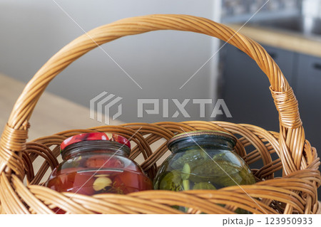 Jars with different types of pickles and preserves 123950933