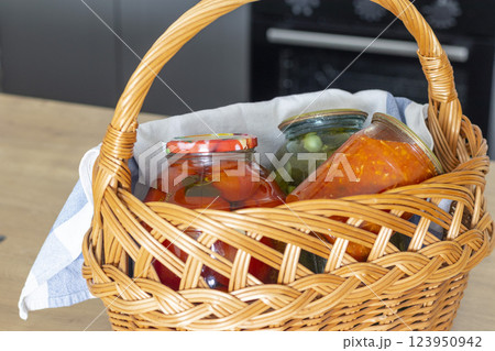 Jars with different types of pickles and preserves 123950942