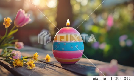 colorful easter egg candle on spring background 123951097