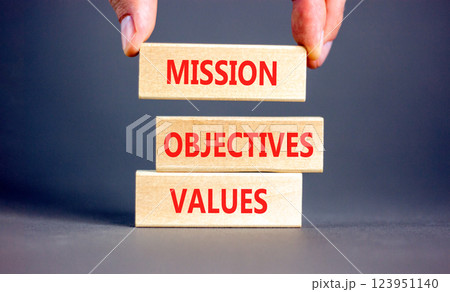 Mission objectives values symbol. Concept words Mission Objectives Values on beautiful blocks. Beautiful grey background. Businessman hand. Business mission objectives values concept. Copy space. 123951140