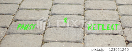 Pause and reflect symbol. Concept words Pause and reflect on beautiful grey road break. Beautiful grey road break background. Business motivational lifestyle pause and reflect concept. Copy space. 123951240
