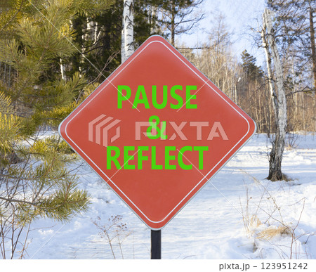 Pause and reflect symbol. Concept words Pause and reflect on beautiful red road sign. Beautiful winter forest background. Business motivational lifestyle pause and reflect concept. Copy space. 123951242