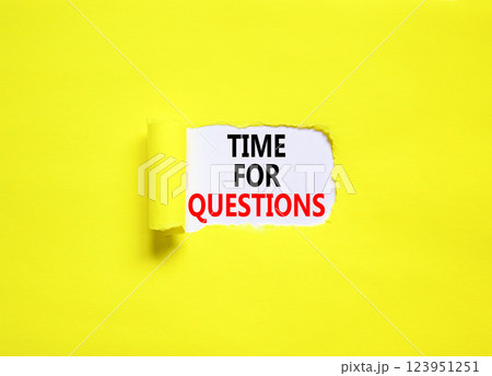 Time for questions symbol. Concept words Time for questions on beautiful white paper. Beautiful yellow table yellow background. Business time for questions concept. Copy space. 123951251