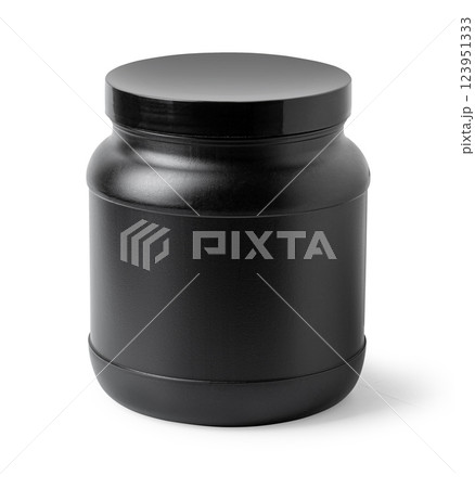 Black plastic jar with lid for sport nutrition on white background Black plastic jar with lid for sport nutrition on white background 123951333