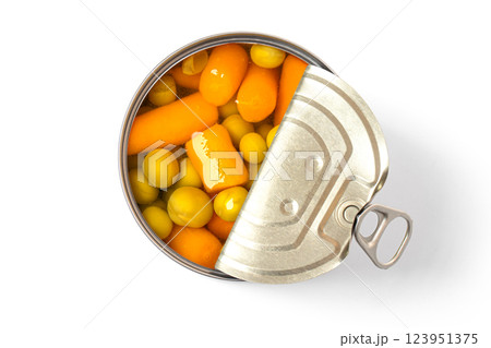 Open tin can of preserved vegetables on white background 123951375