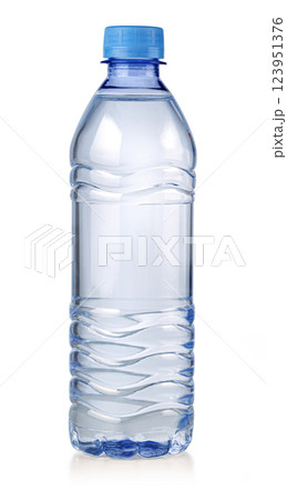 Small plastic water bottle with blue cap isolated on white background 123951376
