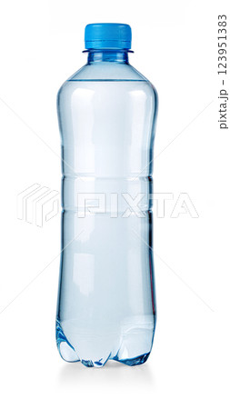 Plastic water bottle with blue cap on white background 123951383
