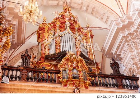 Beautiful choir organ,  built in 1760, located above the main entrance of the Santa Prisca church of Taxco de Alarcon. 123951480
