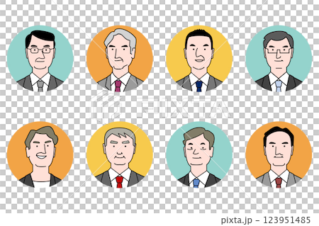 Simple line drawing of a middle-aged man, a company employee, a president, a director, and other executives, a face icon set, colorful Simple line drawing of a middle-aged man, a company employee, a president, a director, and other executives, a face icon set, colorful 123951485