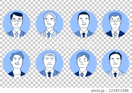 Simple line drawing of a middle-aged man, a company employee, a face icon set, blue Simple line drawing of a middle-aged man, a company employee, a face icon set, blue 123951486