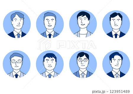 部長、課長などの上司 社長、取締役などの重役 サラリーマンのシンプルな線画 顔アイコンセット ブルー 部長、課長などの上司 社長、取締役などの重役 サラリーマンのシンプルな線画 顔アイコンセット ブルー 123951489