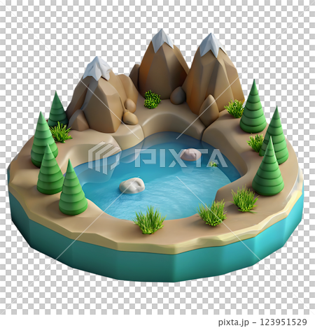Cartoon isometric scene of lake amidst mountains 3d illustration isolated on the transparent background 123951529