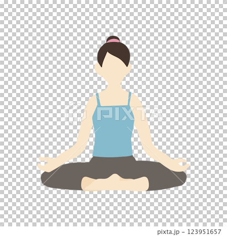 A woman with a bun doing the yoga cross-legged pose A woman with a bun doing the yoga cross-legged pose 123951657
