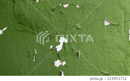 Peeling green paint on a cracked wall surface, showcasing texture and weathered details. Perfect for backgrounds 123951712