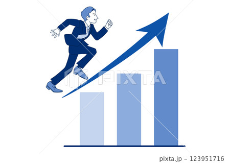 右肩上がりの棒グラフと走るミドル男性　営業マン　上司　社長　ブルー 123951716