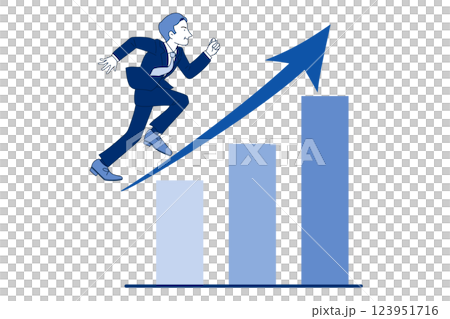 右肩上がりの棒グラフと走るミドル男性　営業マン　上司　社長　ブルー 123951716