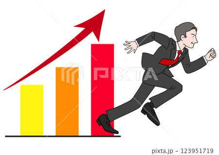 右肩上がりの棒グラフと走るミドル男性　営業マン　上司　社長　カラフル 123951719