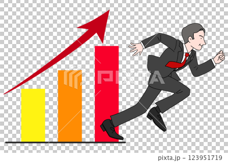 右肩上がりの棒グラフと走るミドル男性　営業マン　上司　社長　カラフル 123951719