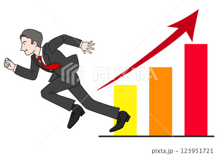 右肩上がりの棒グラフと走るミドル男性 営業マン 上司 社長 カラフル 右肩上がりの棒グラフと走るミドル男性 営業マン 上司 社長 カラフル 123951721