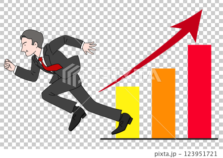 右肩上がりの棒グラフと走るミドル男性 営業マン 上司 社長 カラフル 右肩上がりの棒グラフと走るミドル男性 営業マン 上司 社長 カラフル 123951721