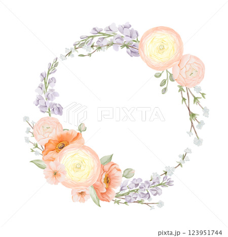 Spring Flowers Wreath, circle Frame, Border from Ranunculus and Iceland Poppies Flowers, Freesia, Peach or Cherry and Snow Willow Branches. Watercolor hand painted botanical illustration isolated on a Spring Flowers Wreath, circle Frame, Border from Ranunculus and Iceland Poppies Flowers, Freesia, Peach or Cherry and Snow Willow Branches. Watercolor hand painted botanical illustration isolated on a 123951744
