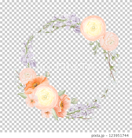Spring Flowers Wreath, circle Frame, Border from Ranunculus and Iceland Poppies Flowers, Freesia, Peach or Cherry and Snow Willow Branches. Watercolor hand painted botanical illustration isolated on a Spring Flowers Wreath, circle Frame, Border from Ranunculus and Iceland Poppies Flowers, Freesia, Peach or Cherry and Snow Willow Branches. Watercolor hand painted botanical illustration isolated on a 123951744