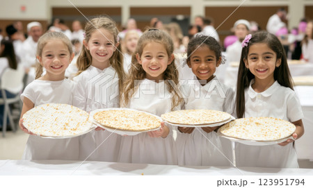 Passover celebration with three smiling children enjoying matzah 123951794