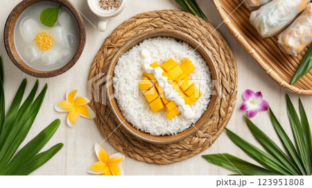 Colorful Thai cuisine including mango sticky rice, spring rolls, and curry, Songkran food background 123951808