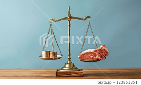 scales on a wooden table, a piece of meat on one bowl, coins on the other, the concept of high meat prices, blue background 123951851