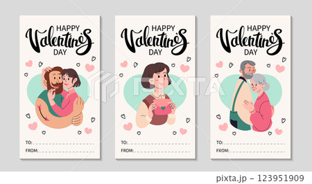 Happy Valentines Day cards set. Loving Couple hugging. Couple of elderly people. Girl with red envelope. Vertical greeting cards template. Hand drawn lettering. Place for text. Vector illustration. Happy Valentines Day cards set. Loving Couple hugging. Couple of elderly people. Girl with red envelope. Vertical greeting cards template. Hand drawn lettering. Place for text. Vector illustration. 123951909