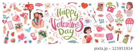 Romantic love Valentines day elements and stickers. Couple in love hugs. Holiday gifts, bouquet of flowers, chocolates, champagne. Happy Valentines day lettering. Vector flat illustration. 123951914