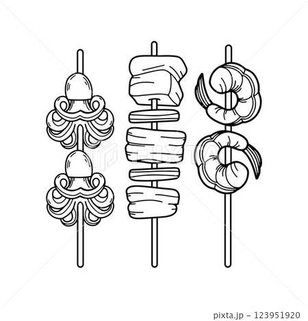 Yakitori doodle illustration. Octopus, chicken and shrimp on stick. Japan street food hand drawn icon. For cafes, bars, menu, recipe. Vector outline illustration 123951920