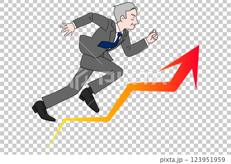 An arrow pointing upwards in business performance and a businessman running briskly, middle-aged, senior, boss, president An arrow pointing upwards in business performance and a businessman running briskly, middle-aged, senior, boss, president 123951959