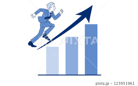 業績が上がっていく右肩上がりの棒グラフと颯爽と勢いよく走るサラリーマン　ミドル　シニア　上司　社長 123951961