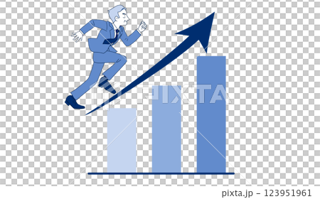 業績が上がっていく右肩上がりの棒グラフと颯爽と勢いよく走るサラリーマン　ミドル　シニア　上司　社長 123951961