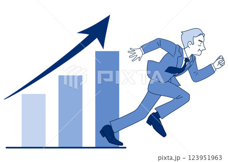 業績が上がっていく右肩上がりの棒グラフと颯爽と勢いよく走るサラリーマン　ミドル　シニア　上司　社長 123951963