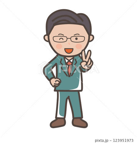 笑顔でピースをする中堅エリート風男性ビジネスマンの全身イラスト 笑顔でピースをする中堅エリート風男性ビジネスマンの全身イラスト 123951973