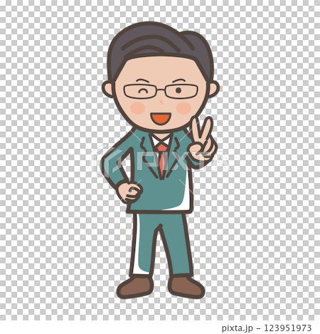 笑顔でピースをする中堅エリート風男性ビジネスマンの全身イラスト 笑顔でピースをする中堅エリート風男性ビジネスマンの全身イラスト 123951973