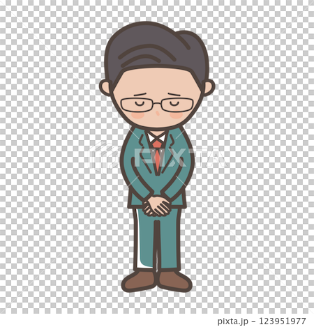 Full-body illustration of a middle-ranking elite-style male businessman bowing his head and apologizing 123951977