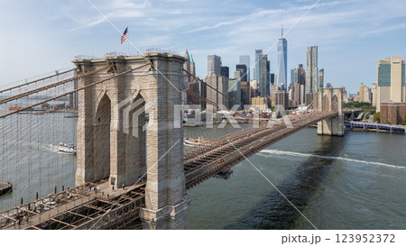 View of New York City Brooklyn Bridge and Skyline 123952372