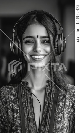 Indian girl with headphones, black and white background, concept of music passion and online learning, modern mock-up 123952473