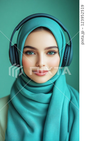 A stylish and refined portrait of an Arabian girl with headphones, captured in a simple yet modern aesthetic, featuring a fresh mint background that enhances clarity, passion for music or studies 123952519