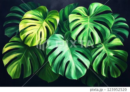 Illustration of oversized tropical leaves in bright, vivid greens, set against a black background, with sharp lines and smooth shading for a fresh, energetic mood in modern graphic design 123952520