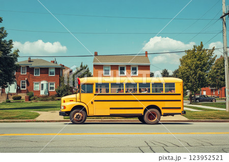 A yellow school bus drives down a suburban street, its bright color and iconic stop sign visible. Children wait eagerly at the bus stop under a clear, sunny sky, creating a nostalgic scene 123952521
