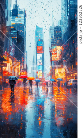 On a misty, rainy day, pedestrians walk under umbrellas across wet streets, their soft, colorful reflections blending in the puddles, evoking a serene and tranquil city atmosphere 123952526
