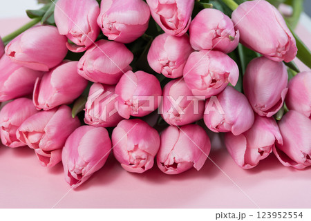 Mothers day, Valentines Day, Birthday celebration concept. Greeting card. Beautiful Bouquet of pink delicate tulips. Copy space for text, top view. Spring background. March 8, International Womens Day 123952554