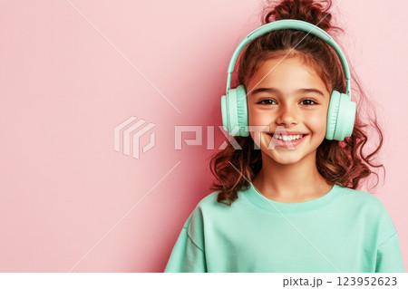 Portrait of a joyful Latin girl with headphones, soft pink backdrop, symbolizing passion for studying online or enjoying music, ideal for lifestyle and music visuals Portrait of a joyful Latin girl with headphones, soft pink backdrop, symbolizing passion for studying online or enjoying music, ideal for lifestyle and music visuals 123952623