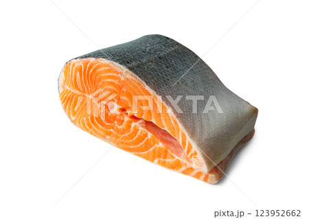 Fresh raw salmon or trout steak, fillet isolated on white background, seafood, food ingredient Fresh raw salmon or trout steak, fillet isolated on white background, seafood, food ingredient 123952662
