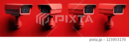 Unique red security cameras mounted on a vibrant red wall for modern surveillance. 123953170