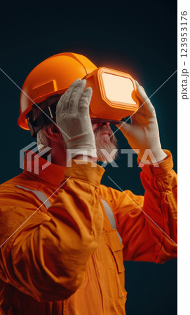 Worker wearing virtual reality goggles for innovative safety training in industry. 123953176